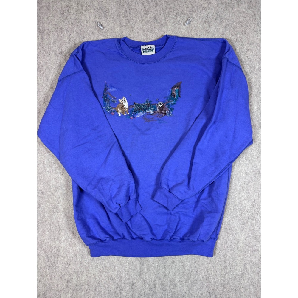 k195. Vintage Northern Reflections Blue Cat Garden Graphic Crewneck Sweatshirt
